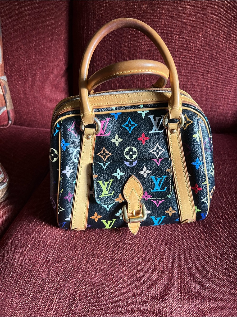Louis Vuitton Priscilla Black Multicolor Monogram Satchel with Tan Trim